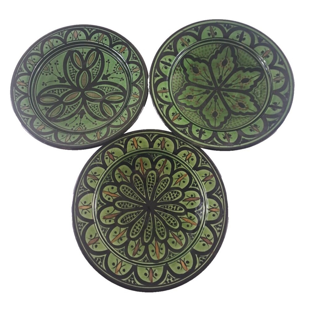 Vintage Safi Morocco Wall Plates Dishes 8.25" Green Black Set of 3 Art Pottery